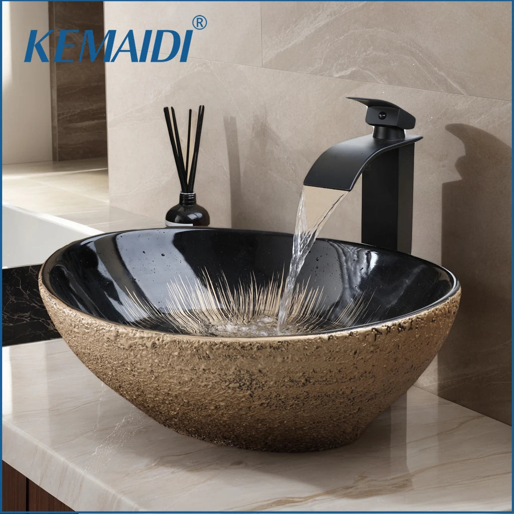 MEKKHALA Oval Ceramic Vessel Sink Set With Waterfall Faucet