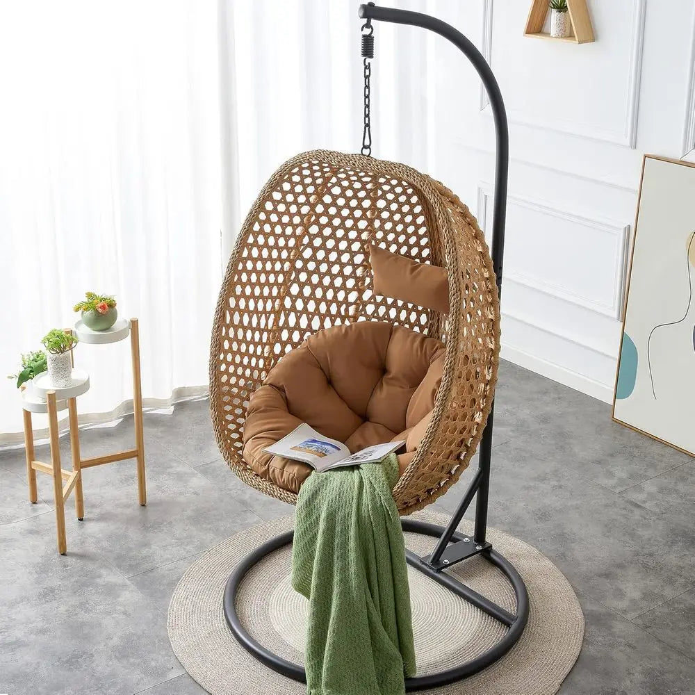 PE Rattan Hanging Egg Chair With Metal Stand And Cushion