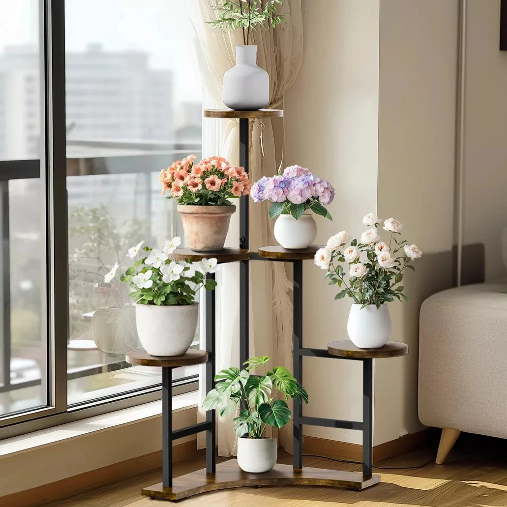 Wisfor Six Tiered Corner Plant Stand With Metal Shelves
