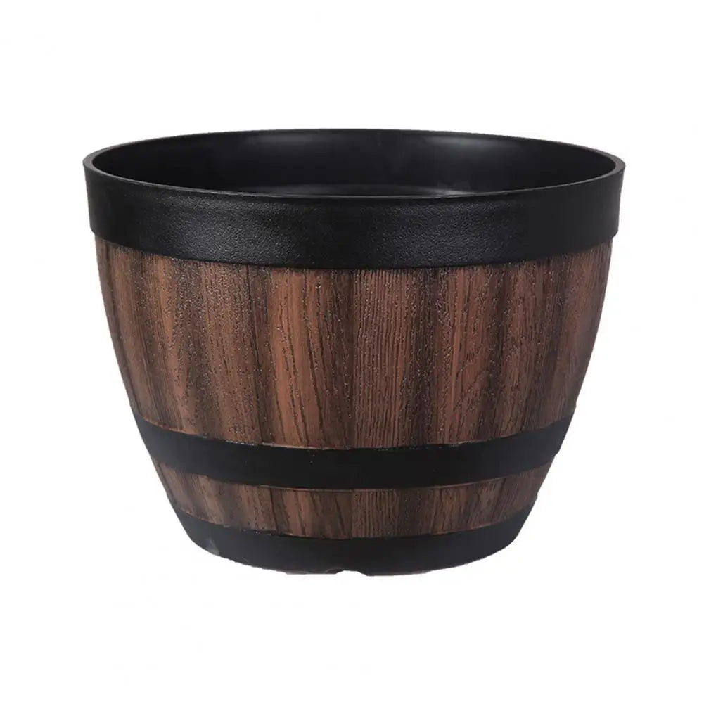 Rustic Farmhouse Faux Wood Whiskey Barrel Planter With Drainage