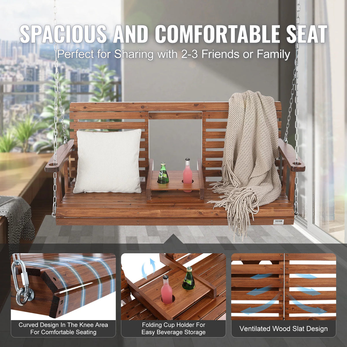 SucceBuy Wooden Porch Swing Bench for Patio and Garden Furniture