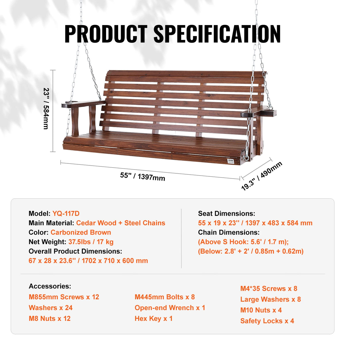 SucceBuy Wooden Porch Swing Bench for Patio and Garden Furniture