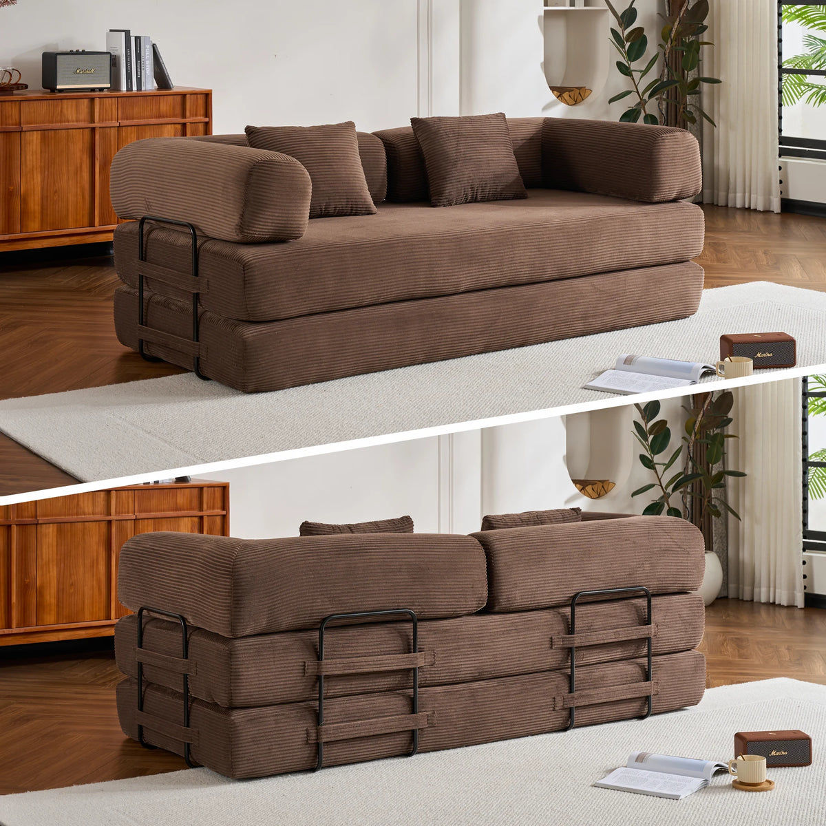 THOLASIS Folding Convertible Sofa Bed Velvet Futon Loveseat Living Room