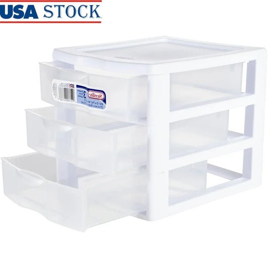 Stackable Three Drawer Plastic Storage Organizer With Clear Front Drawers