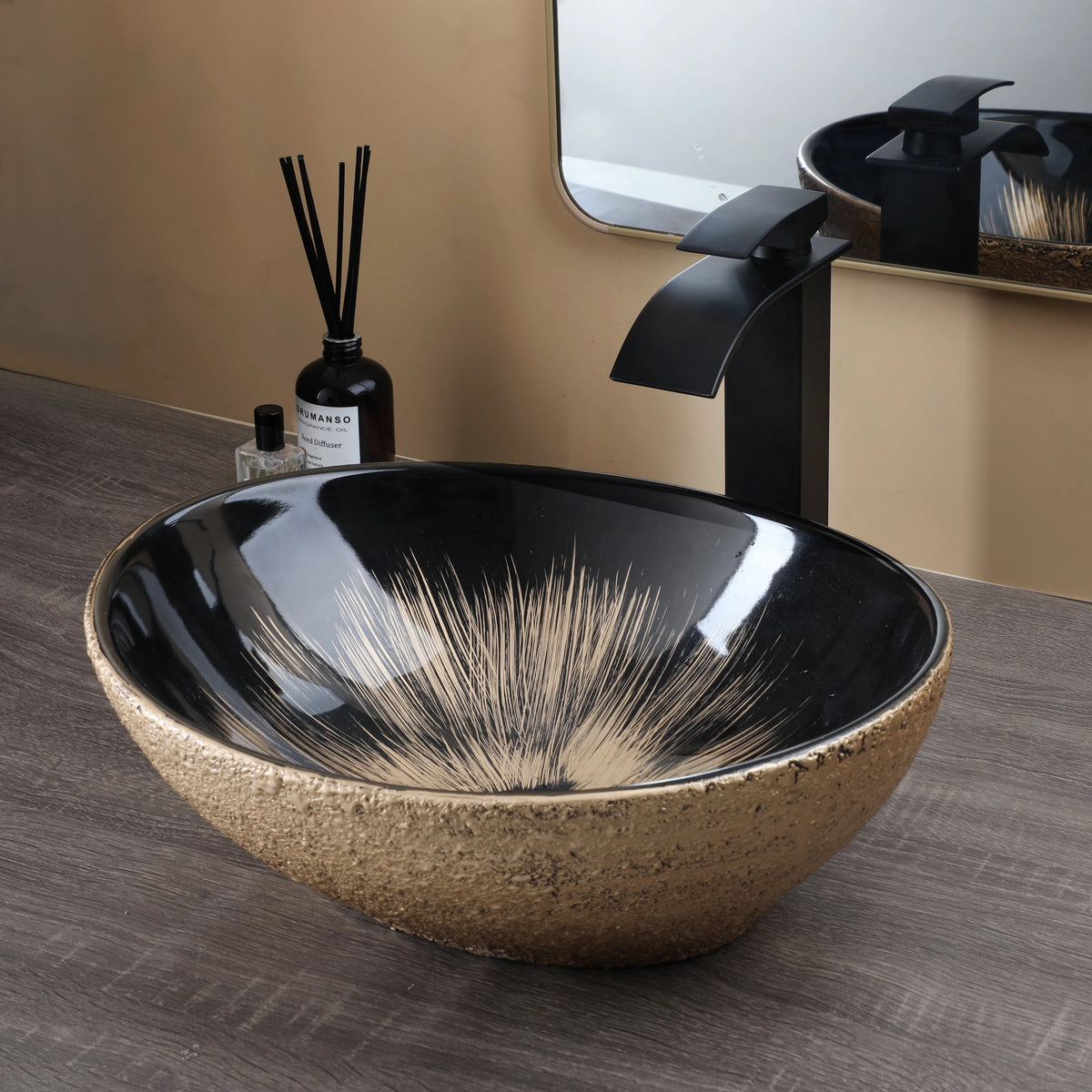 MEKKHALA Oval Ceramic Vessel Sink Set With Waterfall Faucet