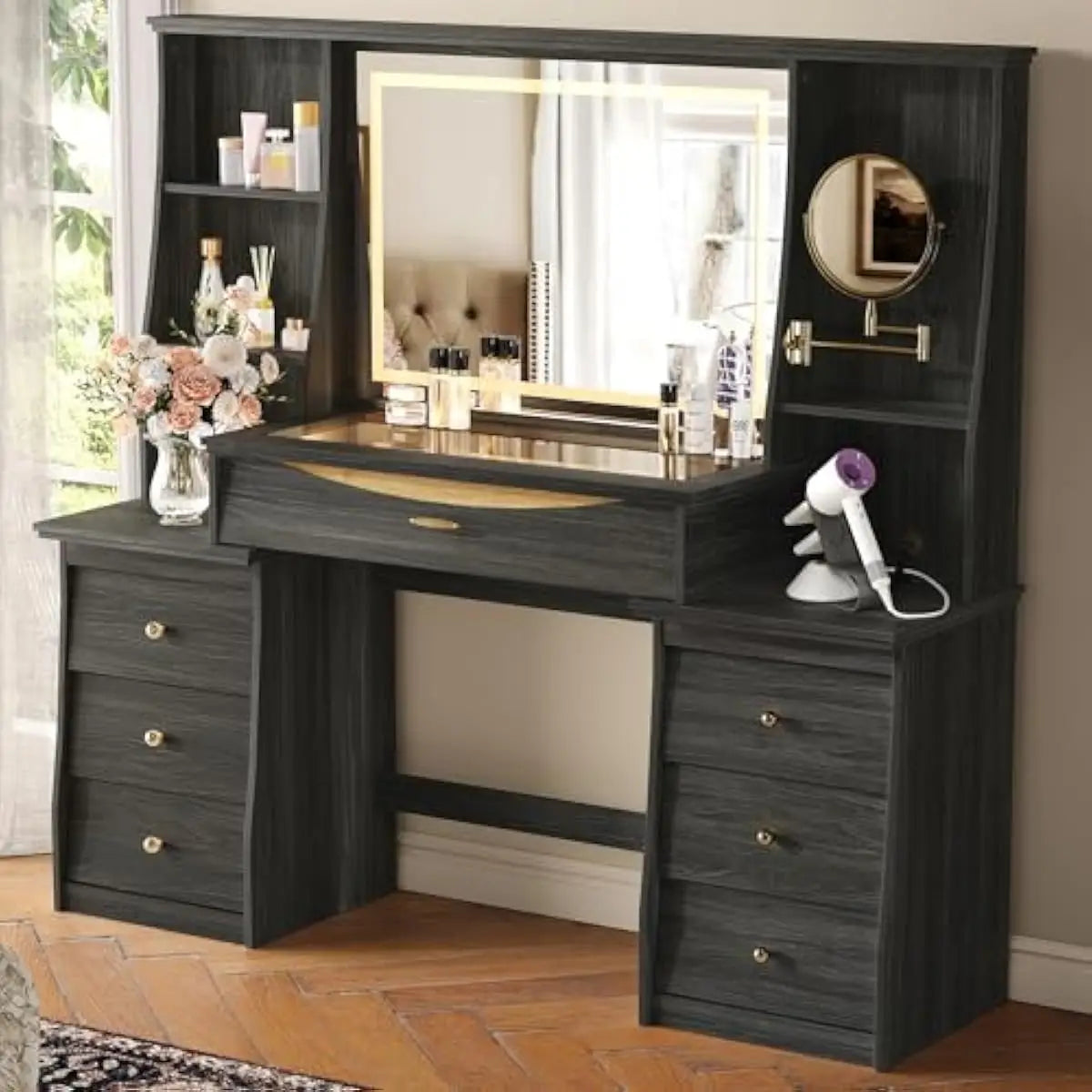 Modern Vanity Desk With Adjustable LED Mirror And Seven Drawers