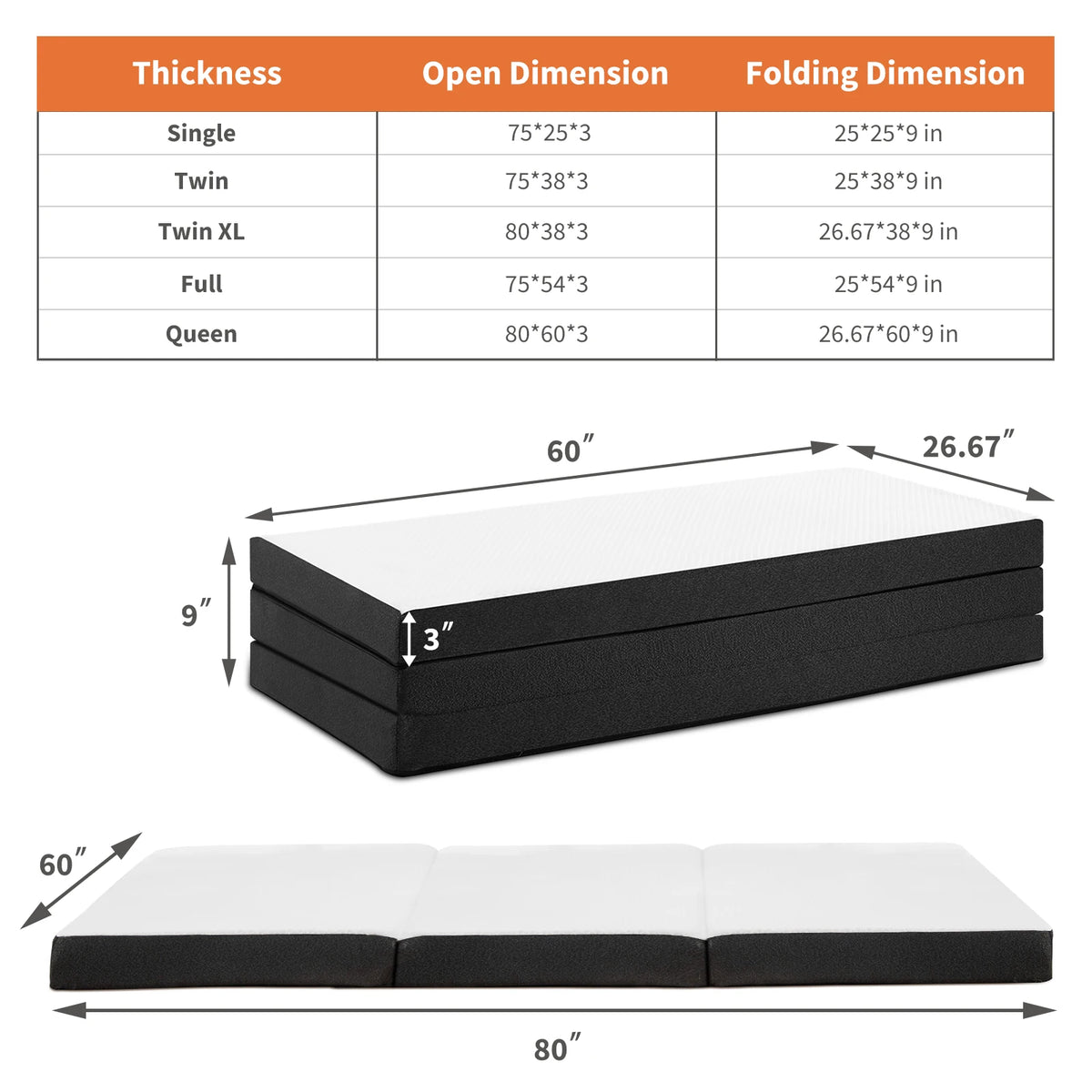 JHK Tri-Fold Memory Foam Mattress With Washable Cover For Travel