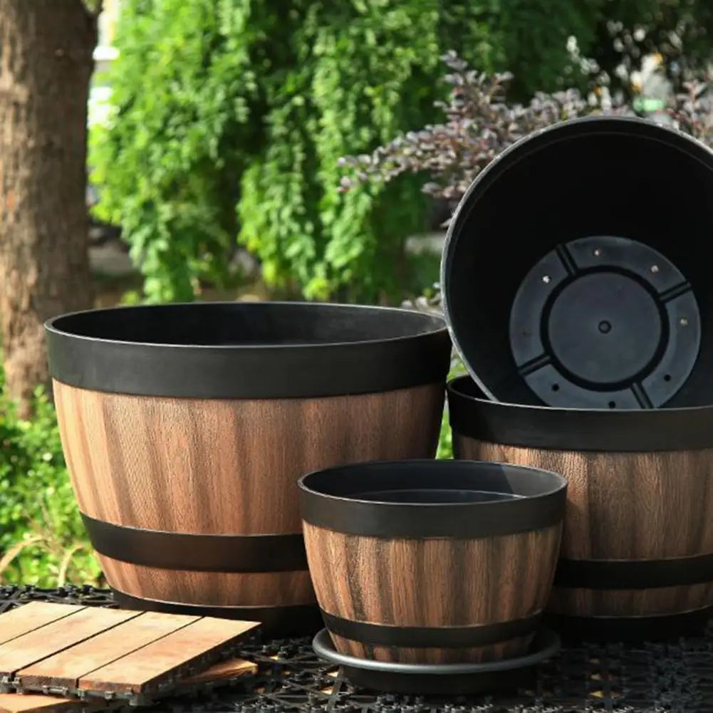 Rustic Farmhouse Faux Wood Whiskey Barrel Planter With Drainage