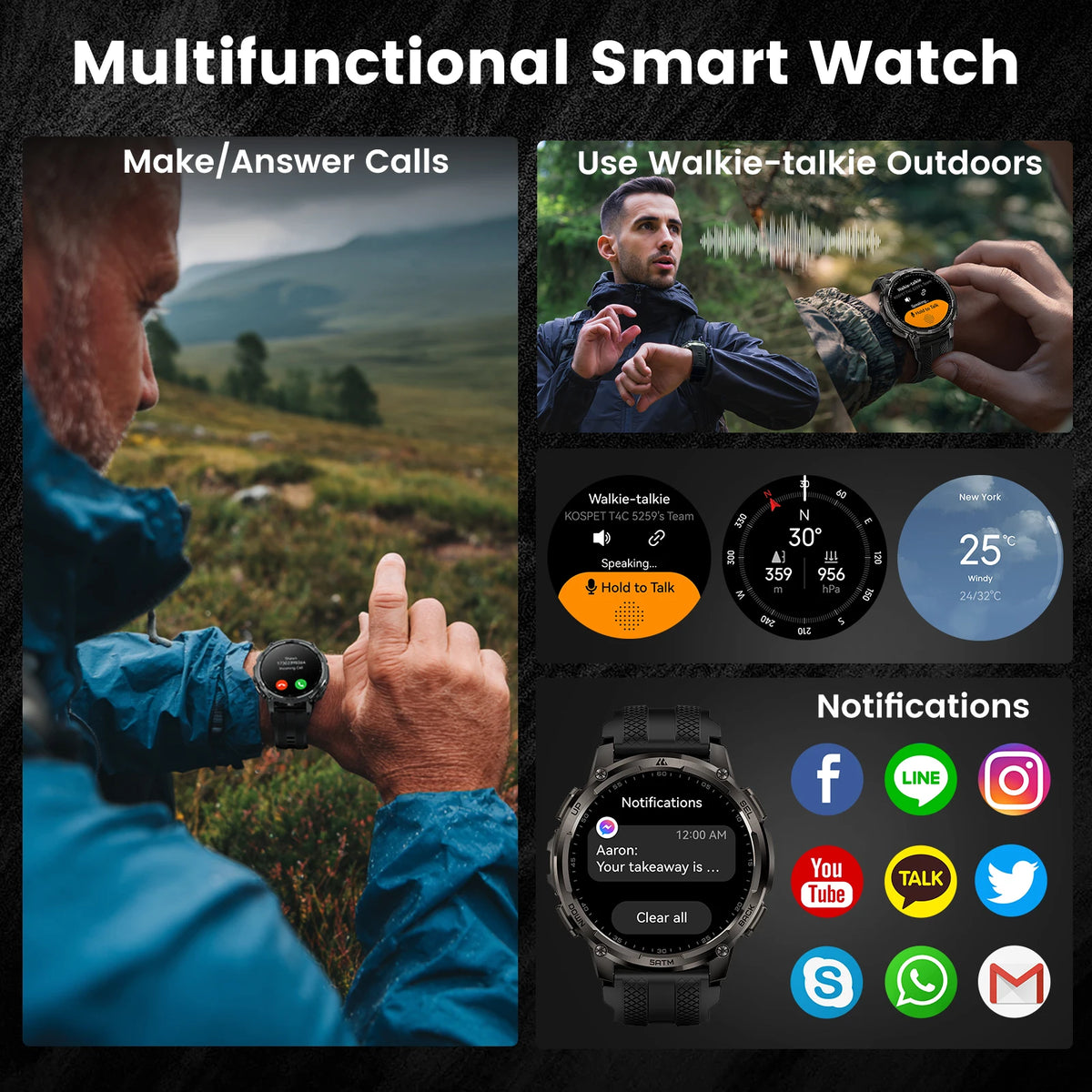 KOSPET Tank T4C Rugged Smartwatch With Dual Band GPS Flashlight