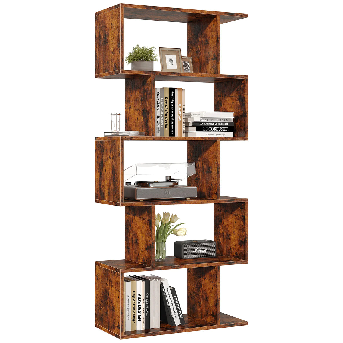JHK Five Tier Wooden Geometric Bookcase Display Shelf