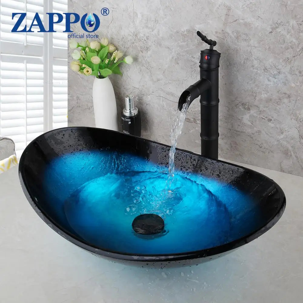 Mekkhal Tempered Glass Bathroom Oval Vessel Sink With Faucet