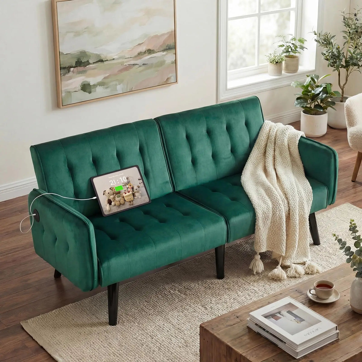 Convertible Synthetic Leather Futon Sofa Bed With USB Ports