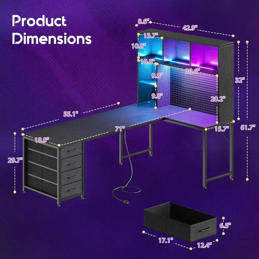 L Shaped Gaming Desk With Hutch Pegboard And LED Lighting