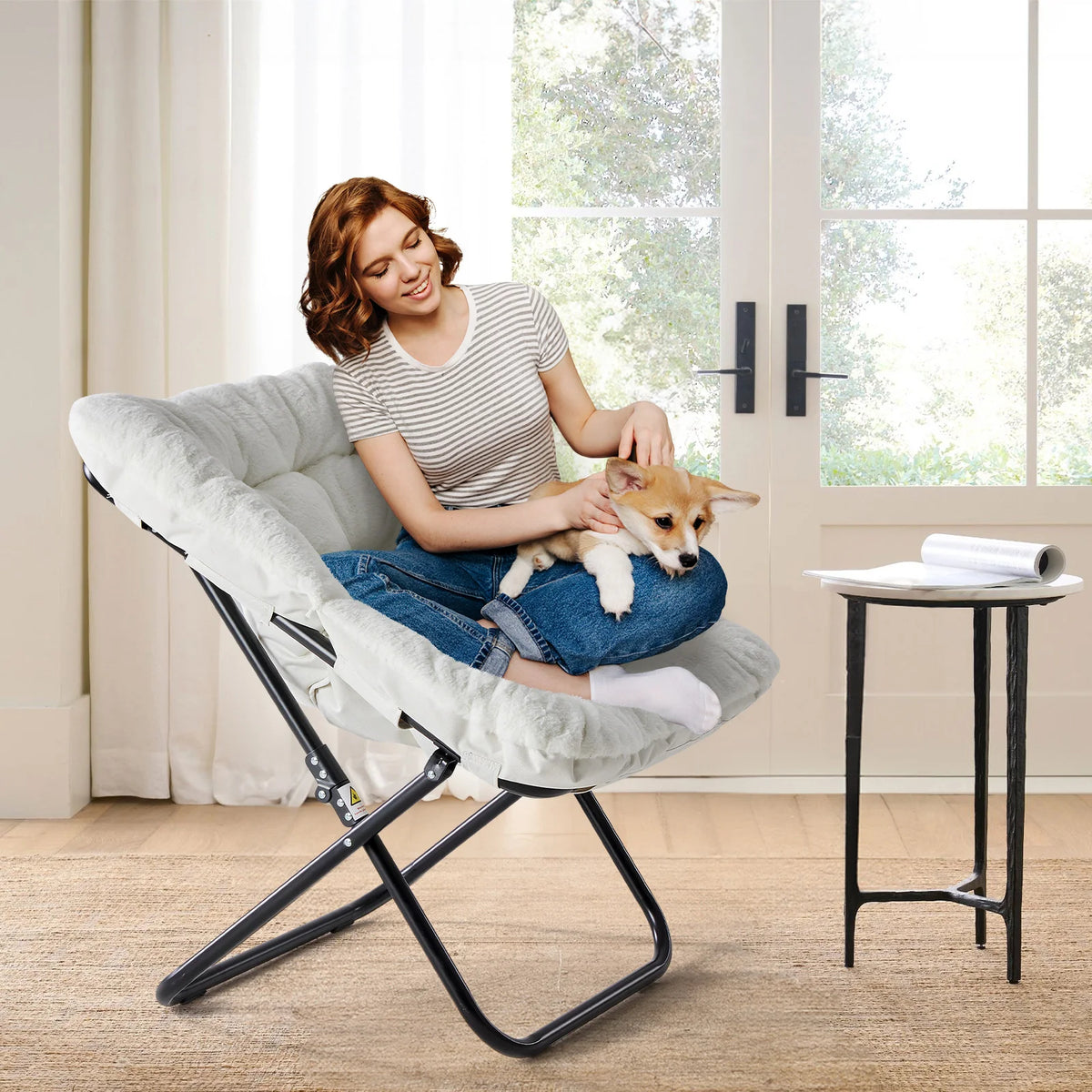 JHK Folding Faux Fur Saucer Chair For Cozy Lounge Seating