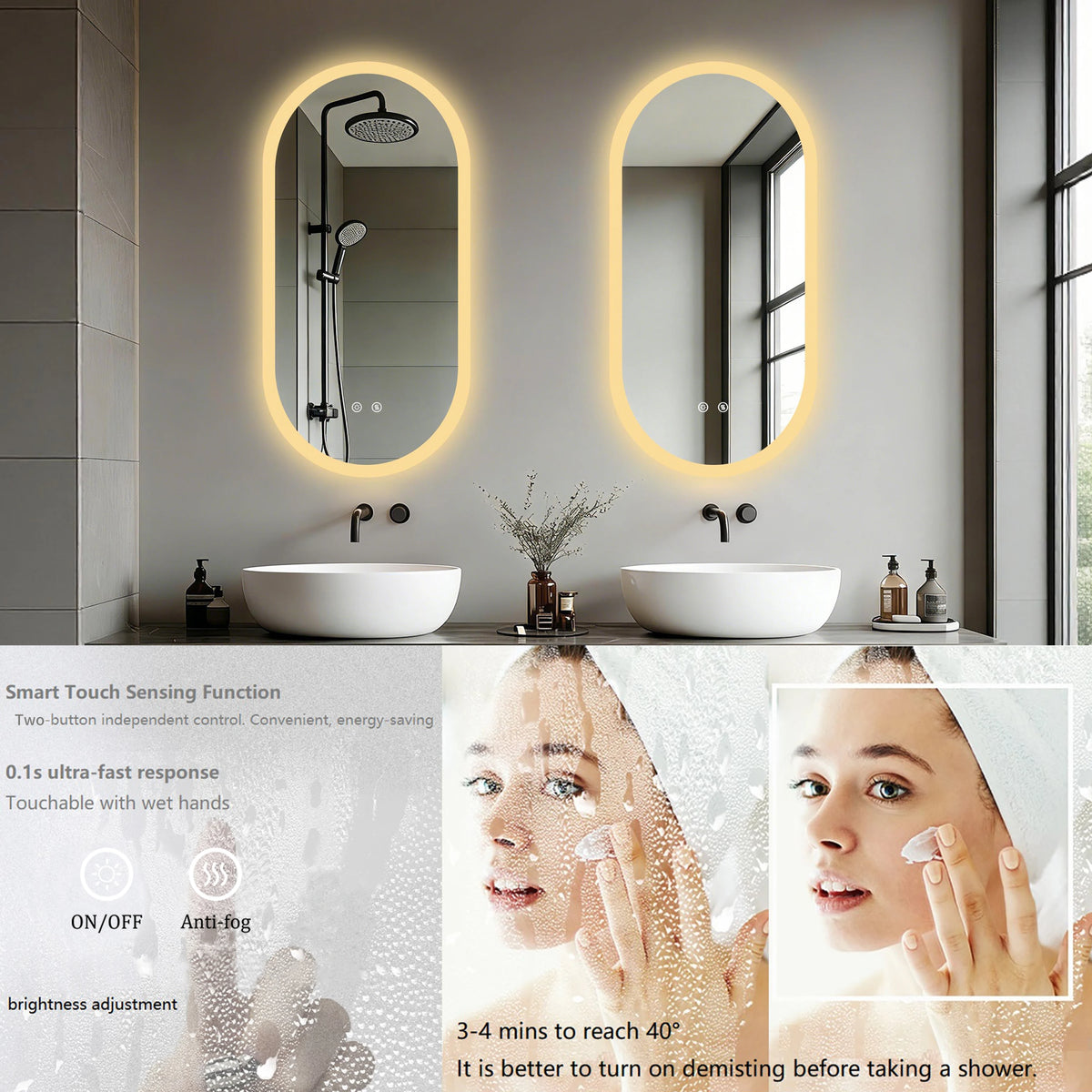 BORWART Smart Anti Fog Dimmable Oval LED Bathroom Mirror