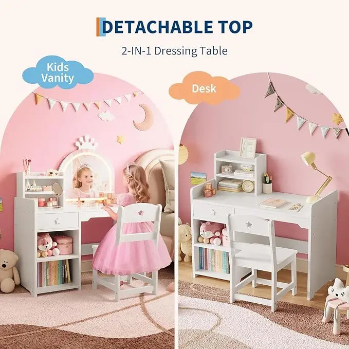 HiMISS Kids Vanity Desk With Built In Lighting And Chair