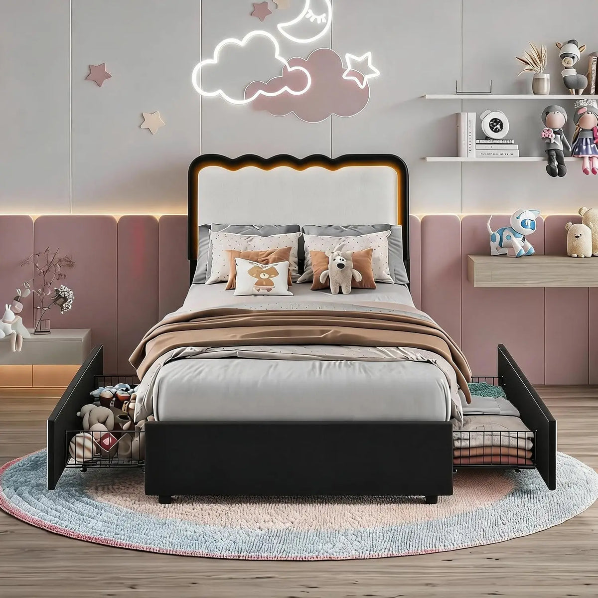 HiMISS Upholstered LED Platform Bed With Storage Drawers
