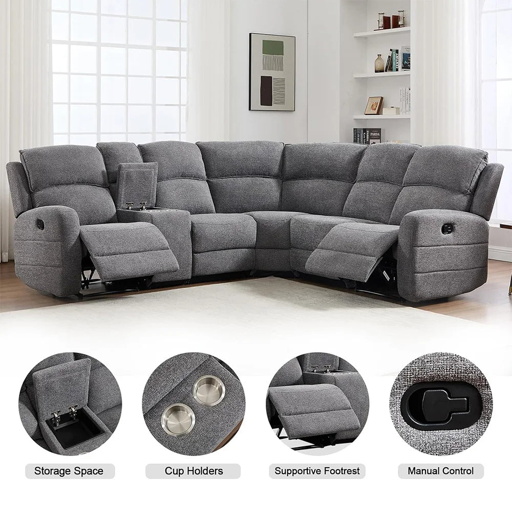 Ebello Fabric Reclining Sectional Sofa With Cup Holders Padded Headrest