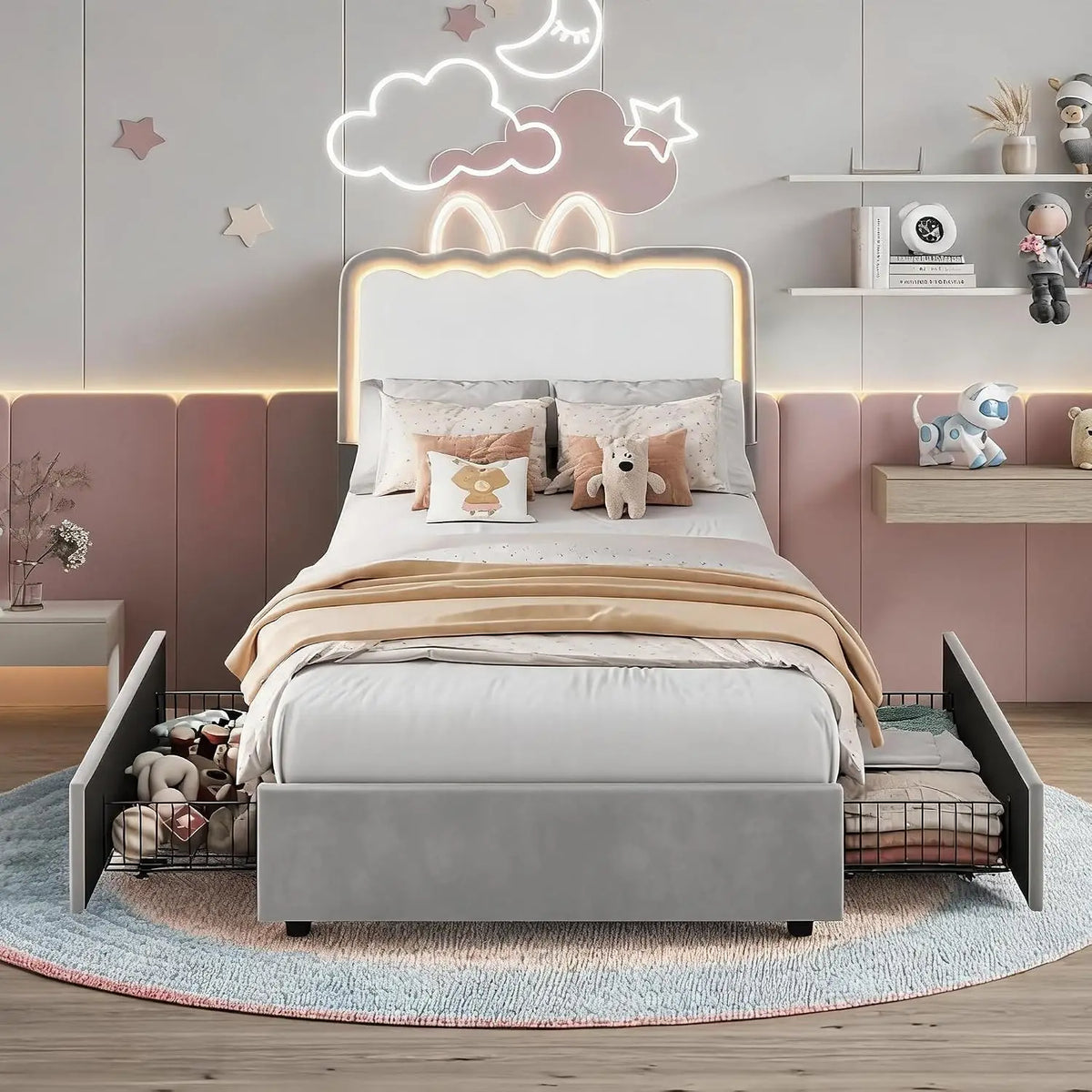 HiMISS Upholstered LED Platform Bed With Storage Drawers