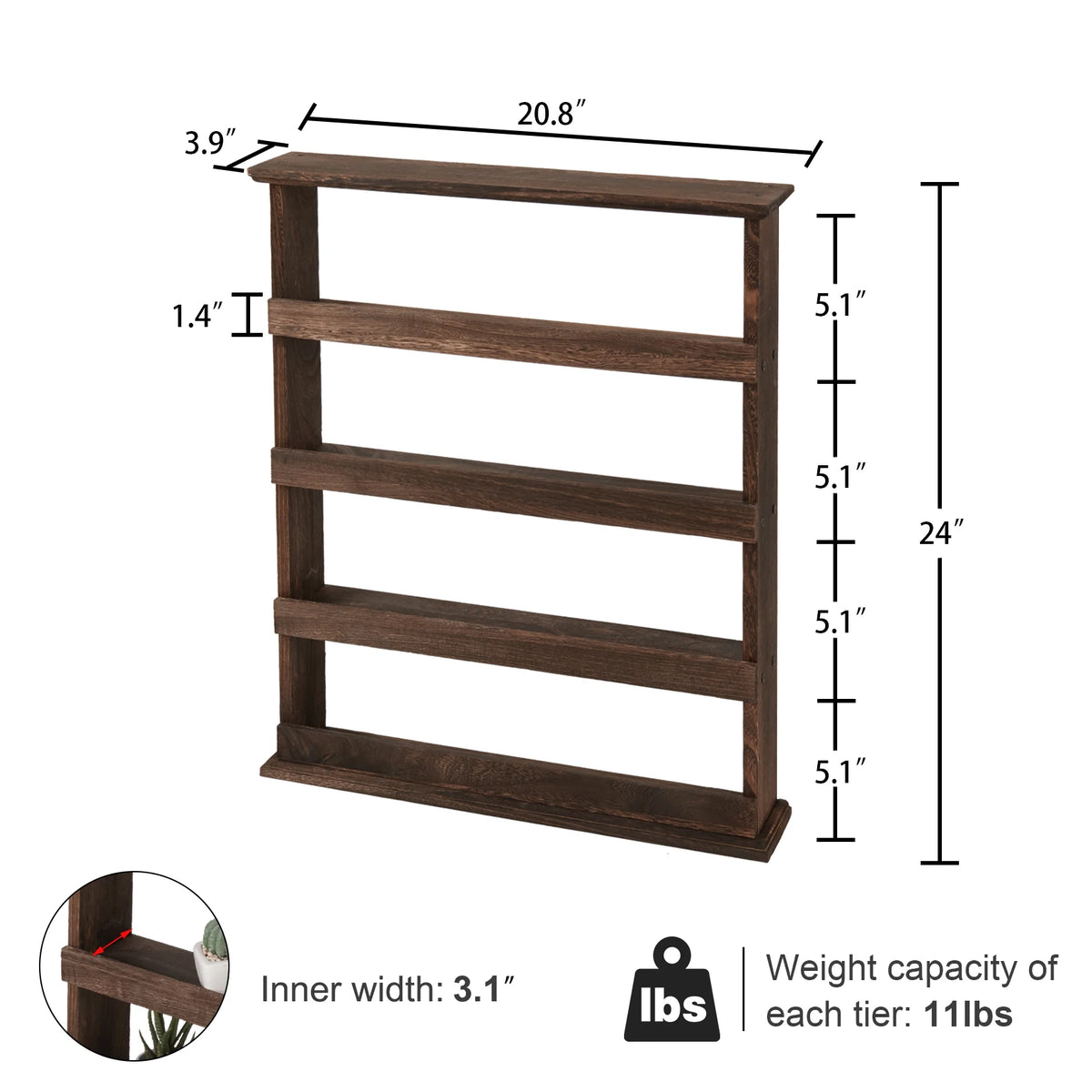 Wooden Wall Mount Spice Rack With Four Tier Storage