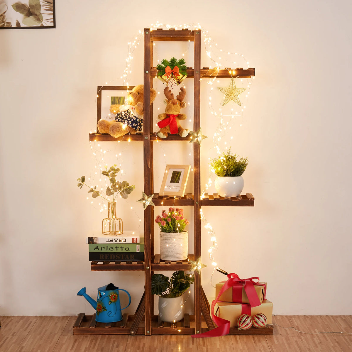 6-Tier Carbonized Wooden Plant Stand BINGOPAW Flower Display Rack