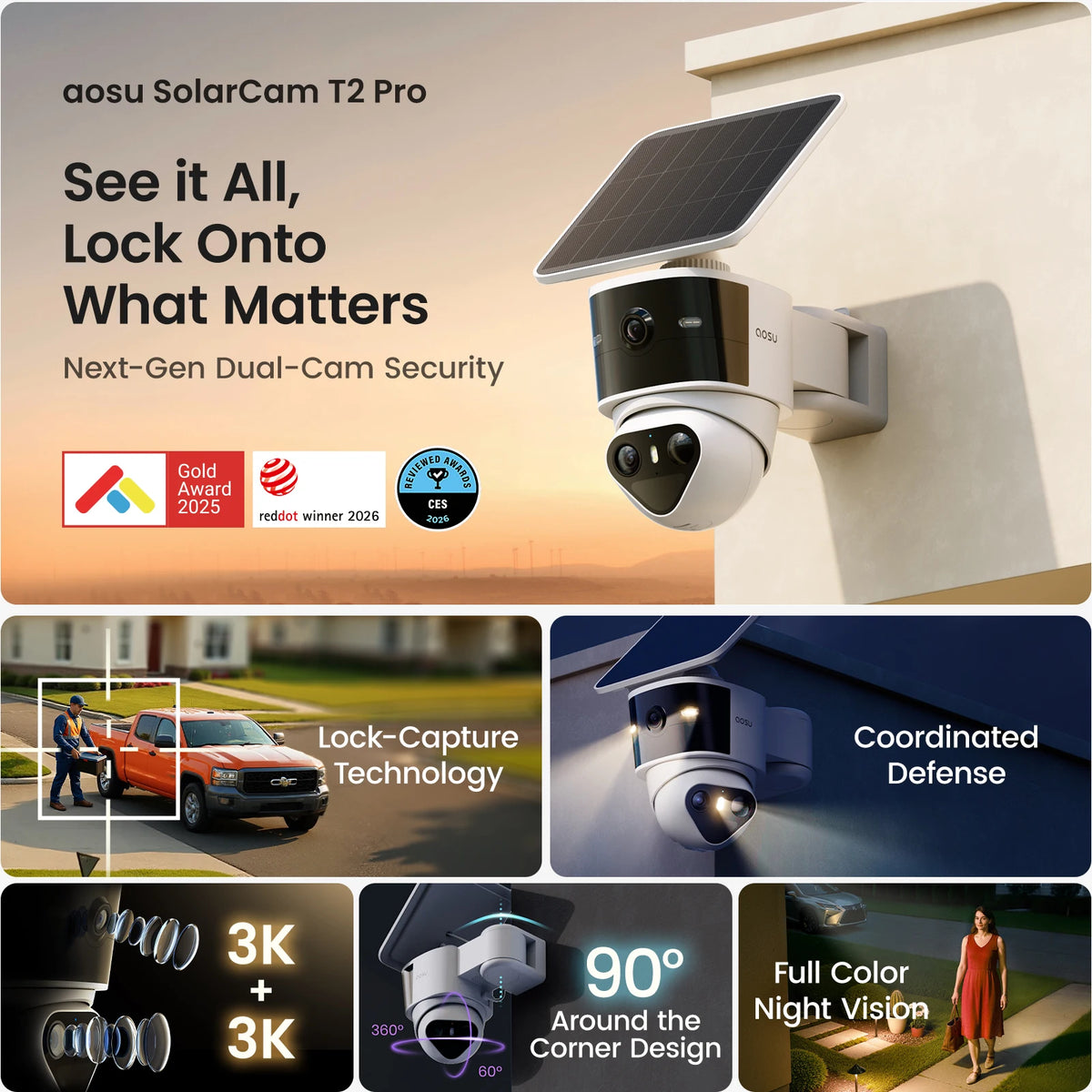 AOSU Solar Security Camera Wireless Outdoor AI Tracking