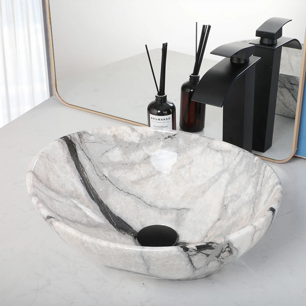 Mekkhala Rectangular Ceramic Vessel Sink Basin With Faucet
