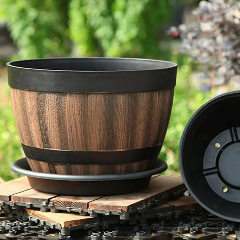 Rustic Farmhouse Faux Wood Whiskey Barrel Planter With Drainage