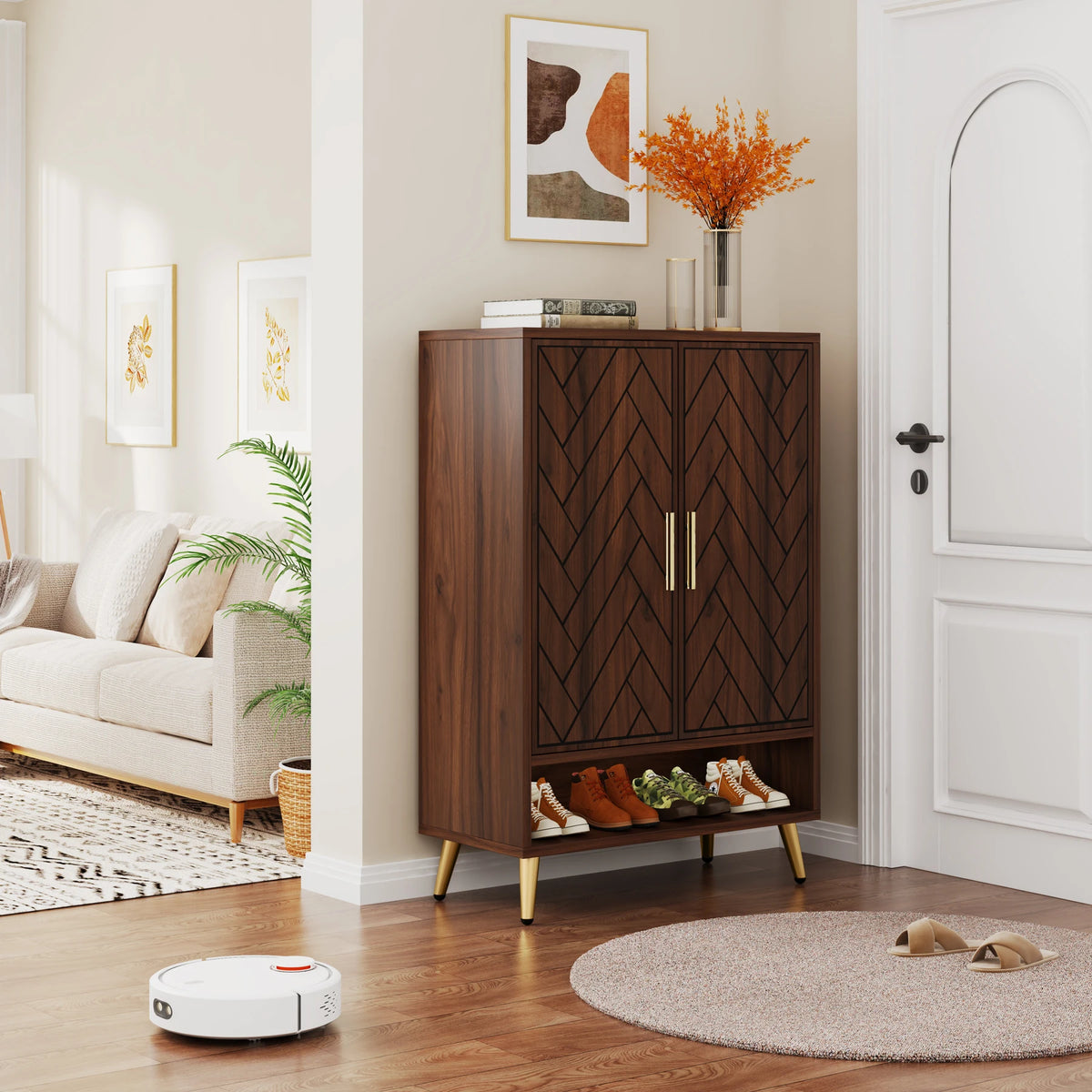 Tribesigns Tiered Wooden Shoe Cabinet Featuring Adjustable Shelves And Doors