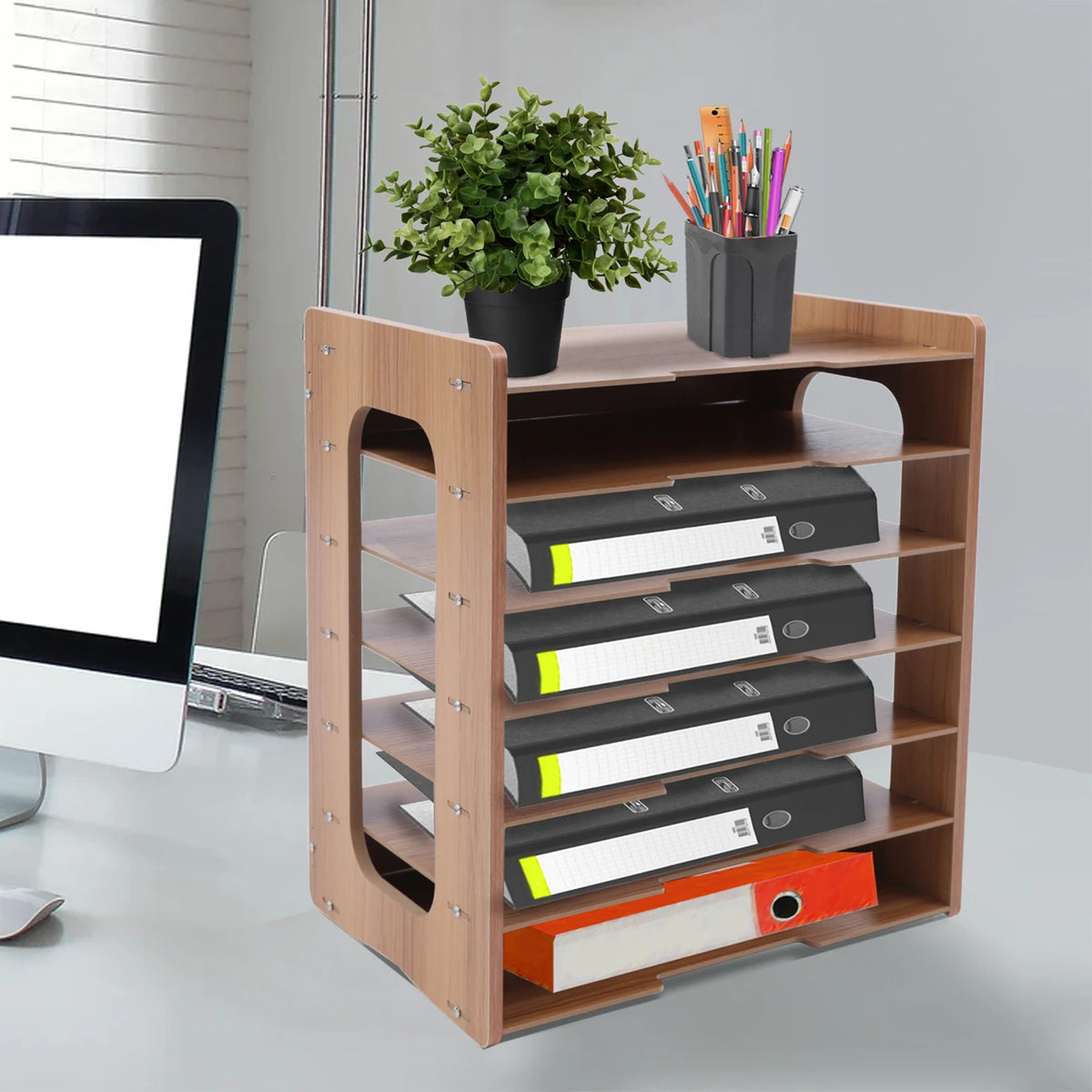 Seven Tier Wooden Office Paper Organizer Desk File Holder