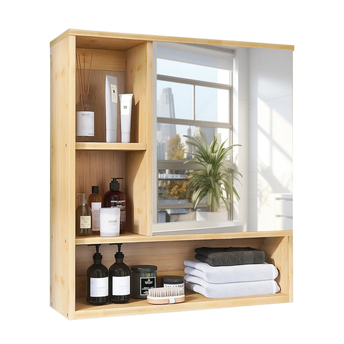 Wisfor Bamboo Wall Mounted Bathroom Cabinet With Mirror Medicine Storage