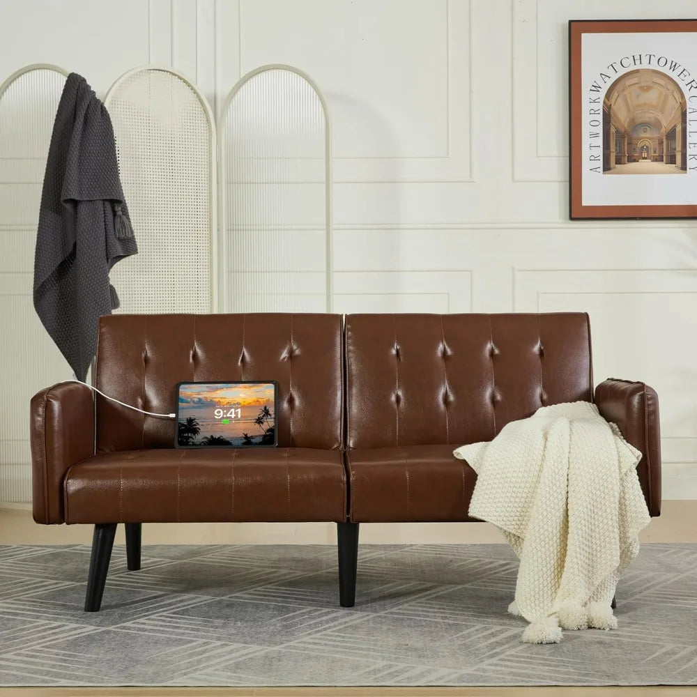 Convertible Synthetic Leather Futon Sofa Bed With USB Ports