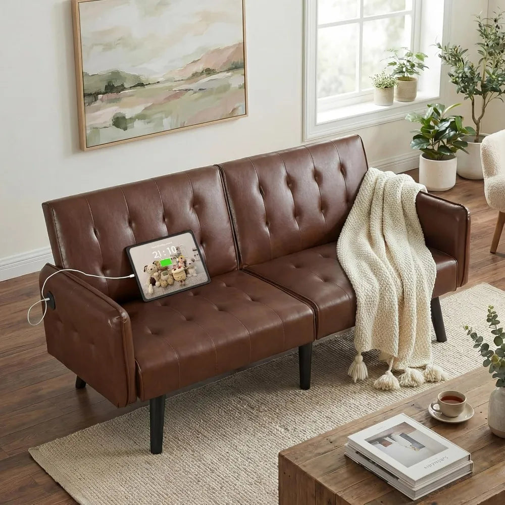 Convertible Synthetic Leather Futon Sofa Bed With USB Ports
