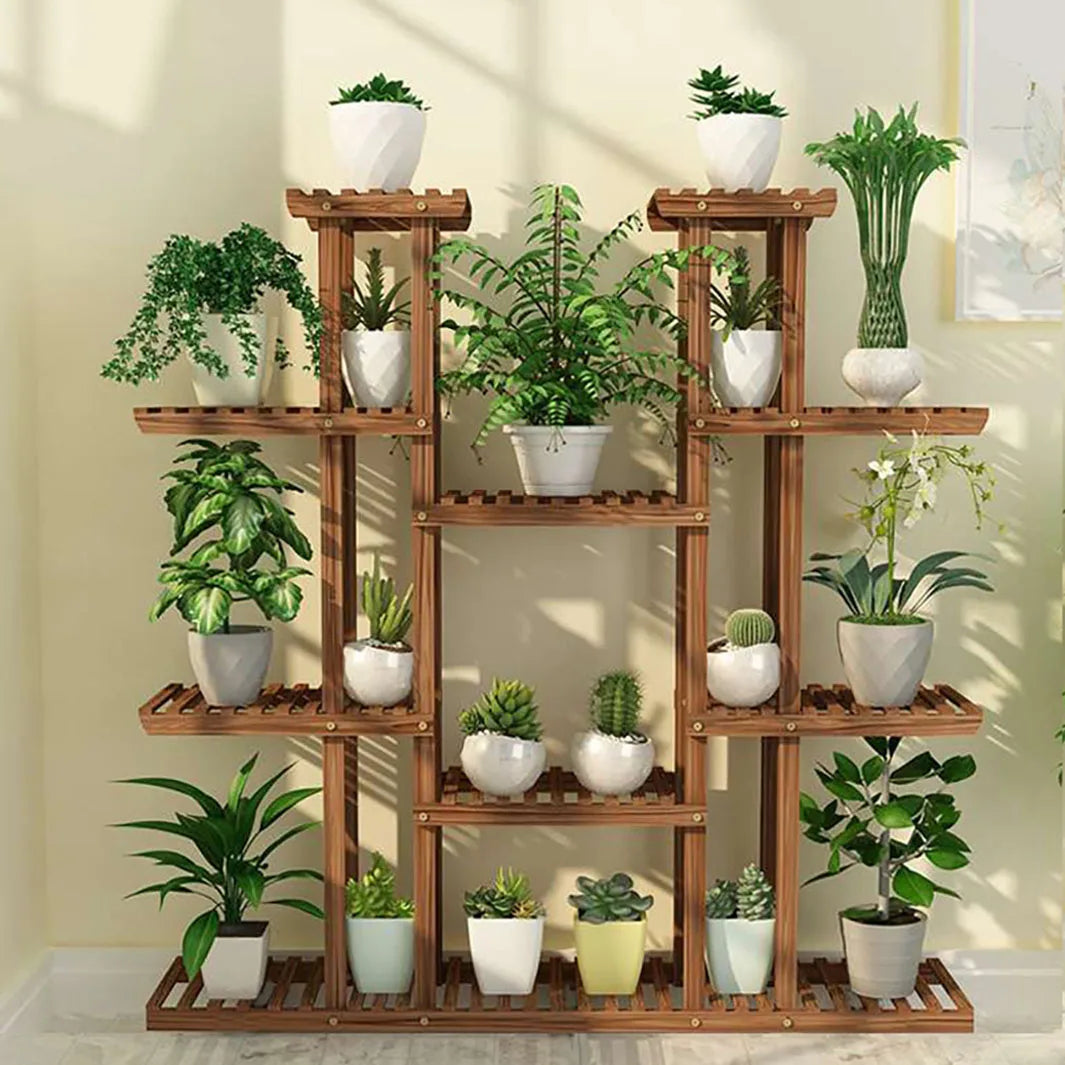 11 Tier Carbonized Wood Plant Stand Display Shelf