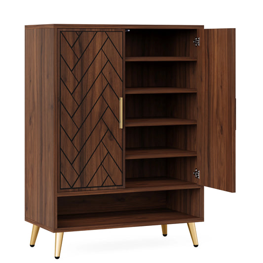 Tribesigns Tiered Wooden Shoe Cabinet Featuring Adjustable Shelves And Doors