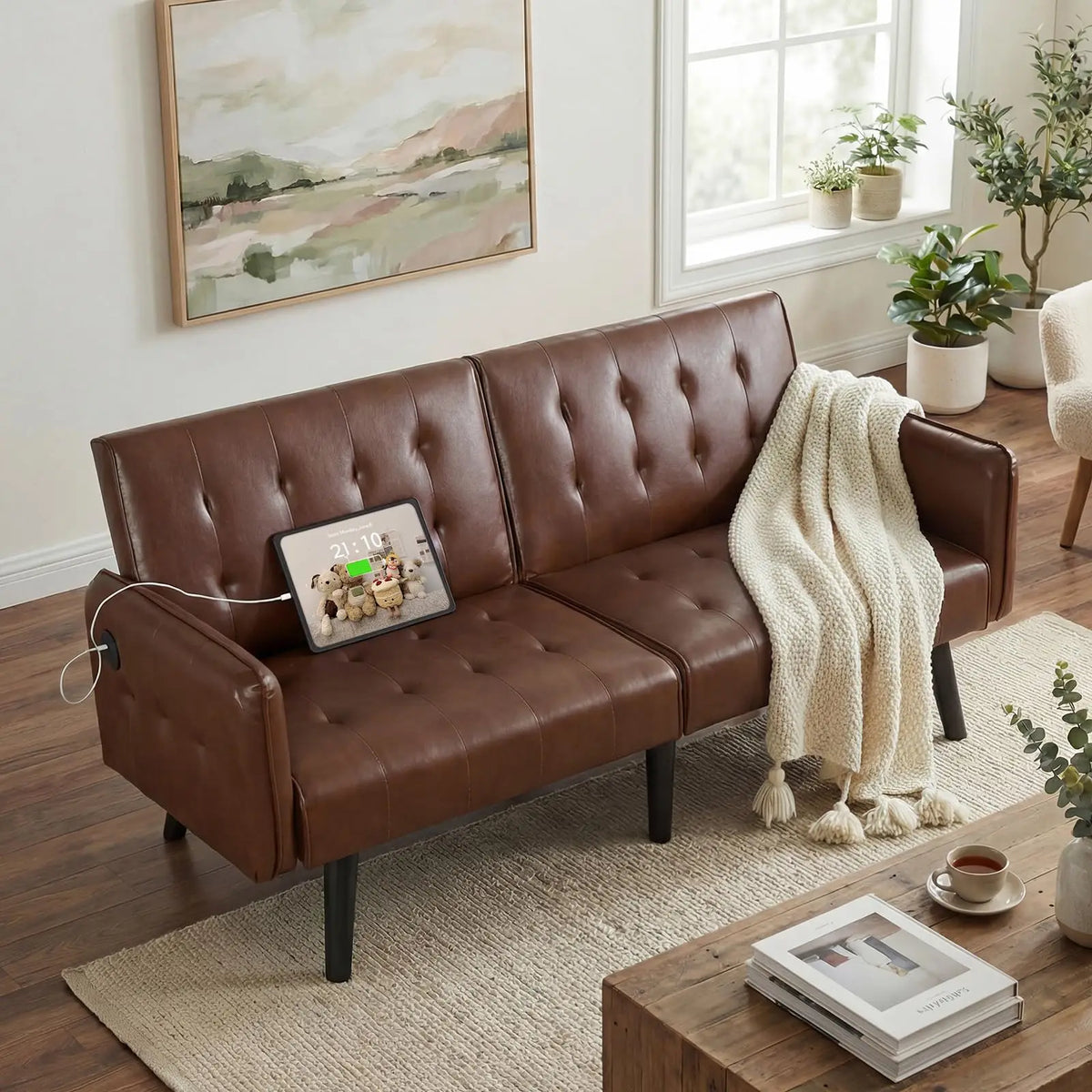 Convertible Synthetic Leather Futon Sofa Bed With USB Ports