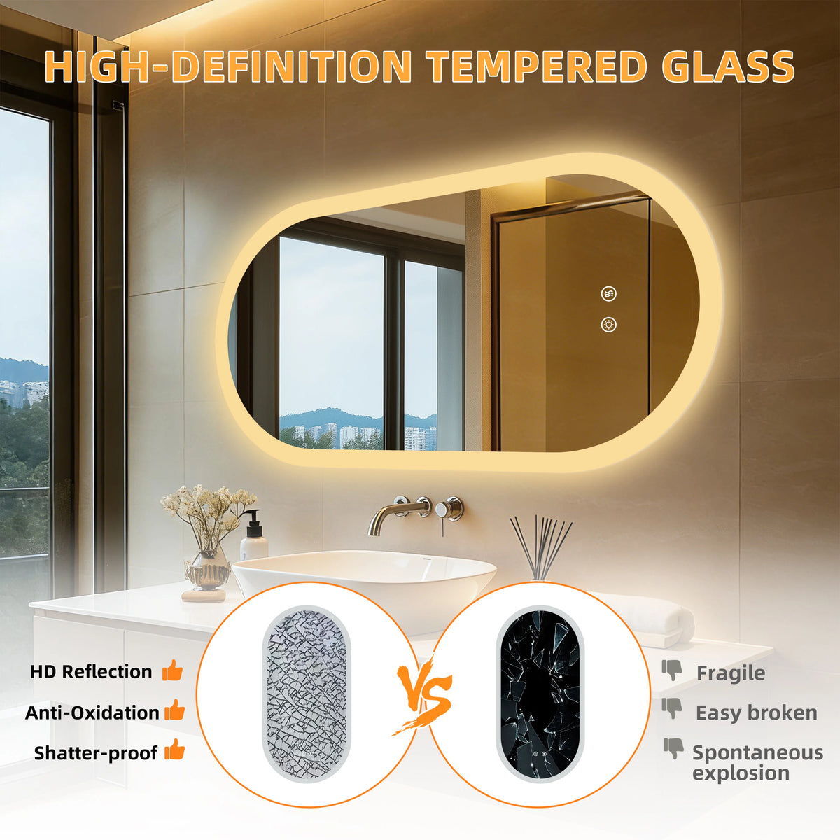 BORWART Smart Anti Fog Dimmable Oval LED Bathroom Mirror