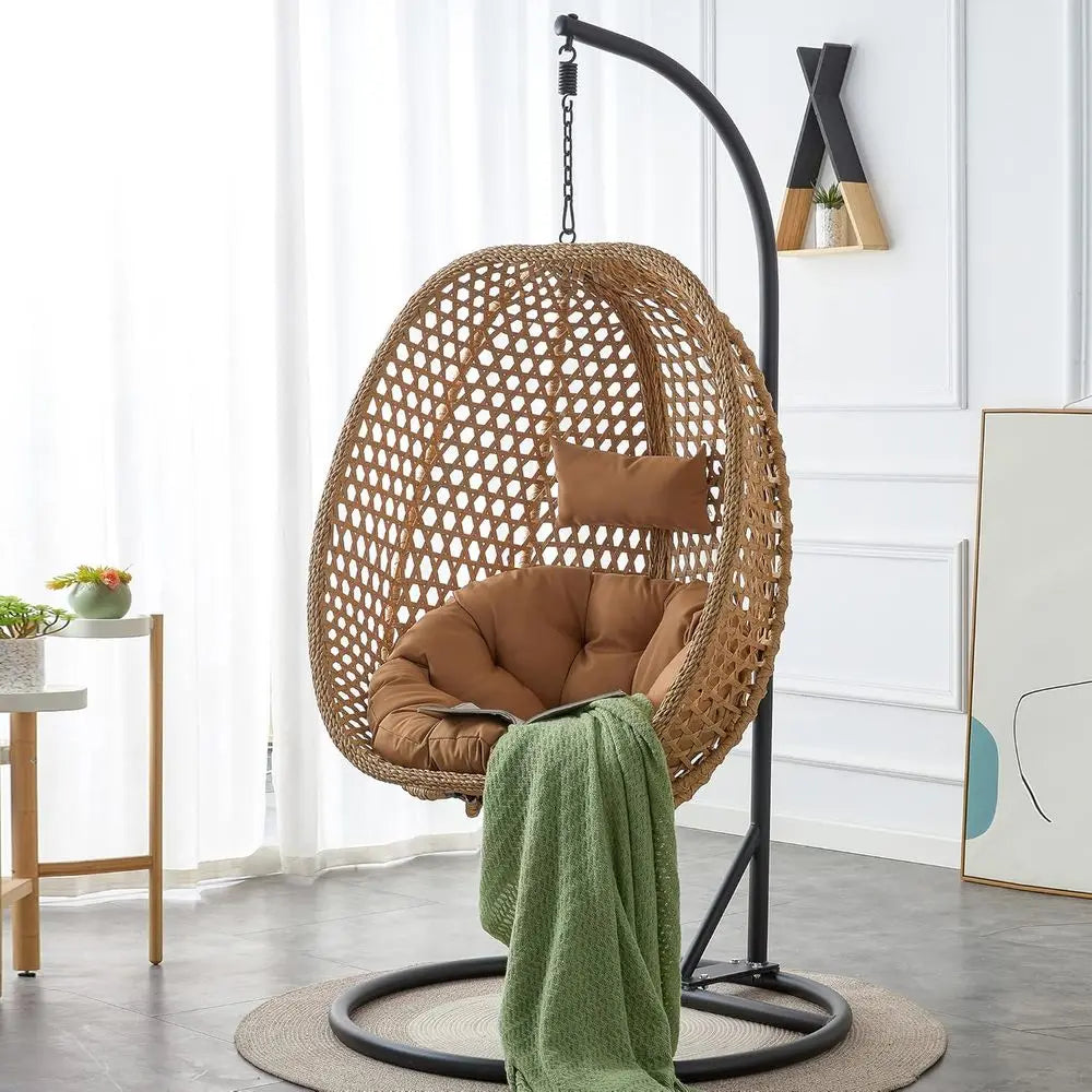 PE Rattan Hanging Egg Chair With Metal Stand And Cushion