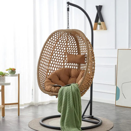 PE Rattan Hanging Egg Chair With Metal Stand And Cushion
