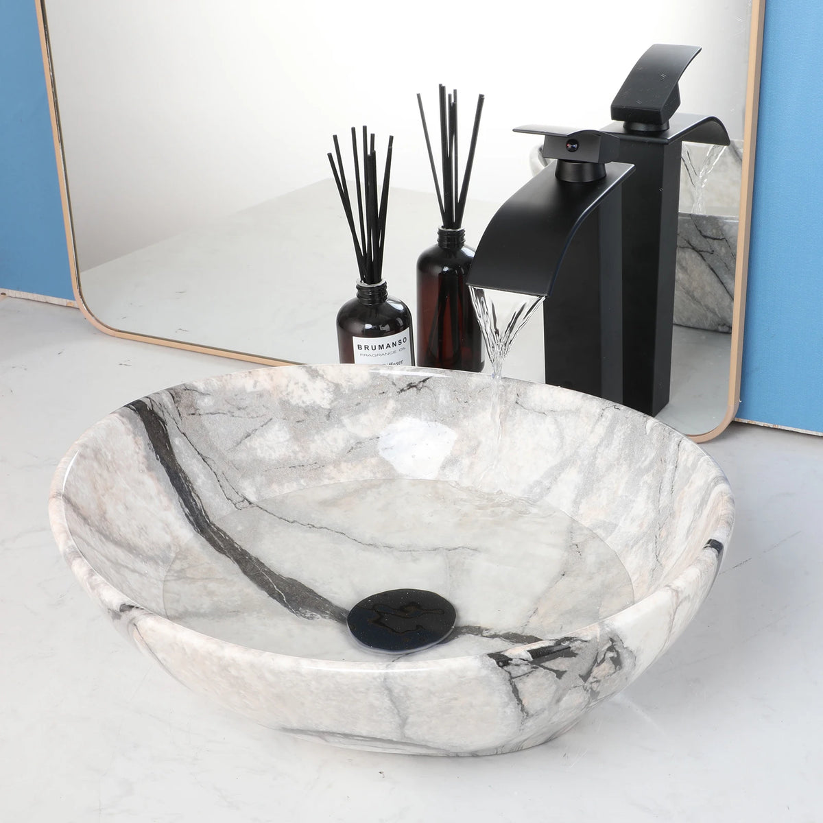 MEKKHALA Oval Ceramic Vessel Sink Set With Waterfall Faucet