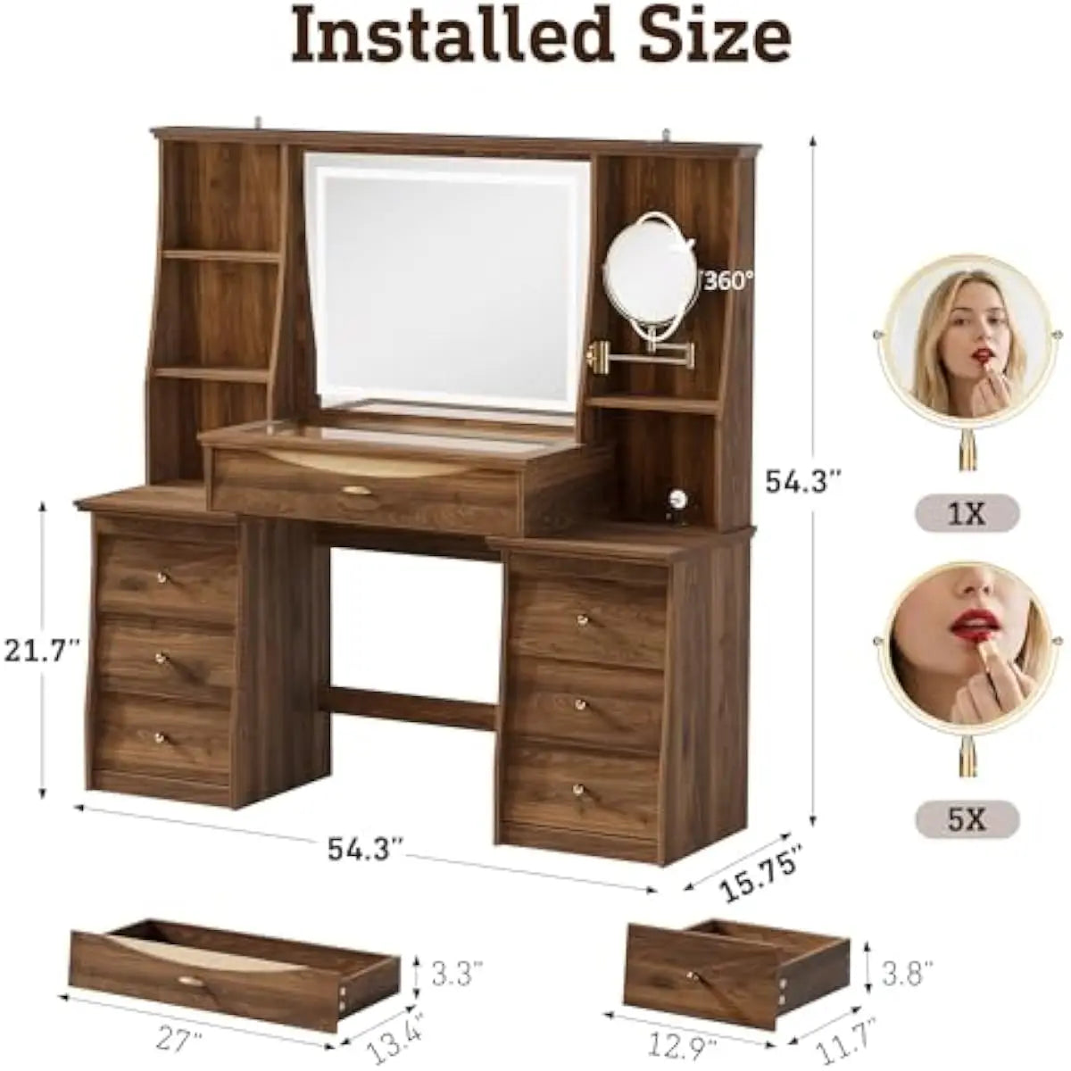 Modern Vanity Desk With Adjustable LED Mirror And Seven Drawers
