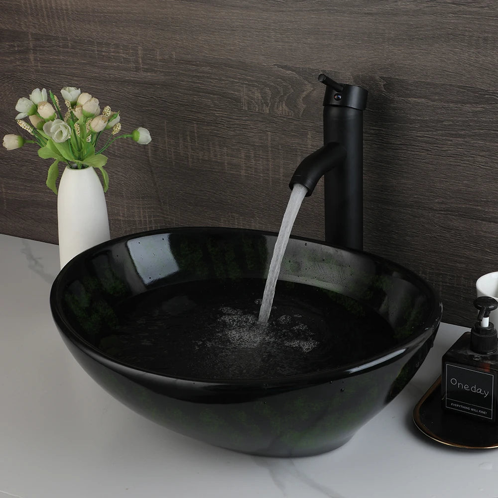 MEKKHALA Oval Ceramic Vessel Sink Set With Waterfall Faucet