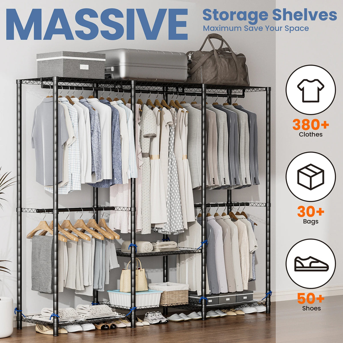 Freestanding Metal Clothes Rack And Heavy Duty Storage Organizer