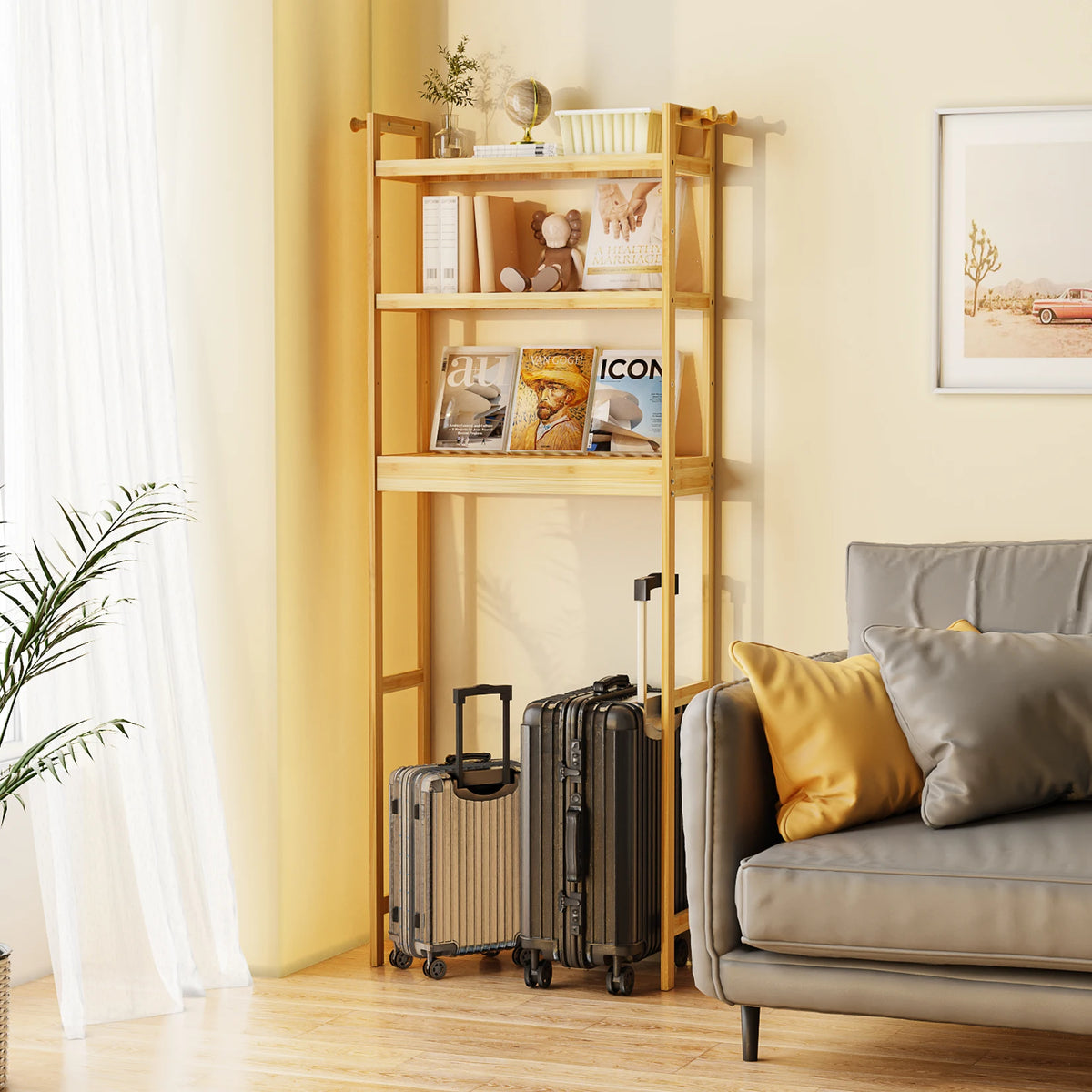 Bamboo Bathroom Storage Rack With Hooks And Adjustable Shelves