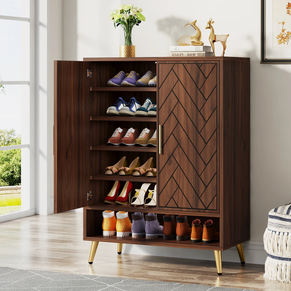 Tribesigns Tiered Wooden Shoe Cabinet Featuring Adjustable Shelves And Doors