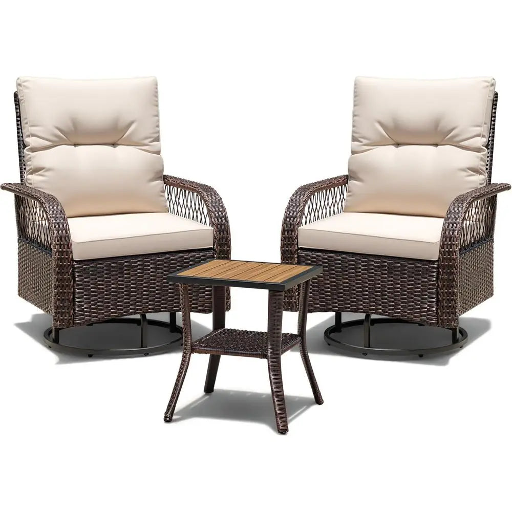 Three Piece Outdoor Patio Swivel Rocking Chair Set With Table
