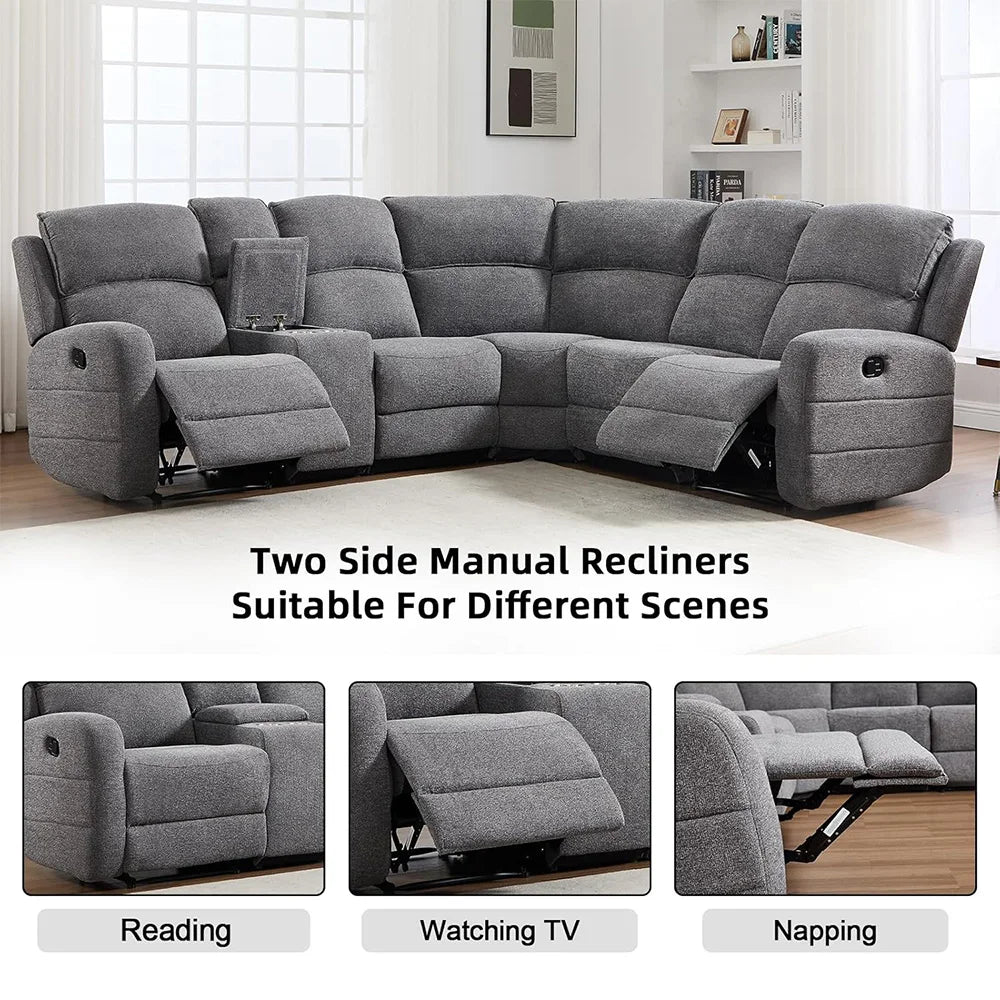 Ebello Fabric Reclining Sectional Sofa With Cup Holders Padded Headrest
