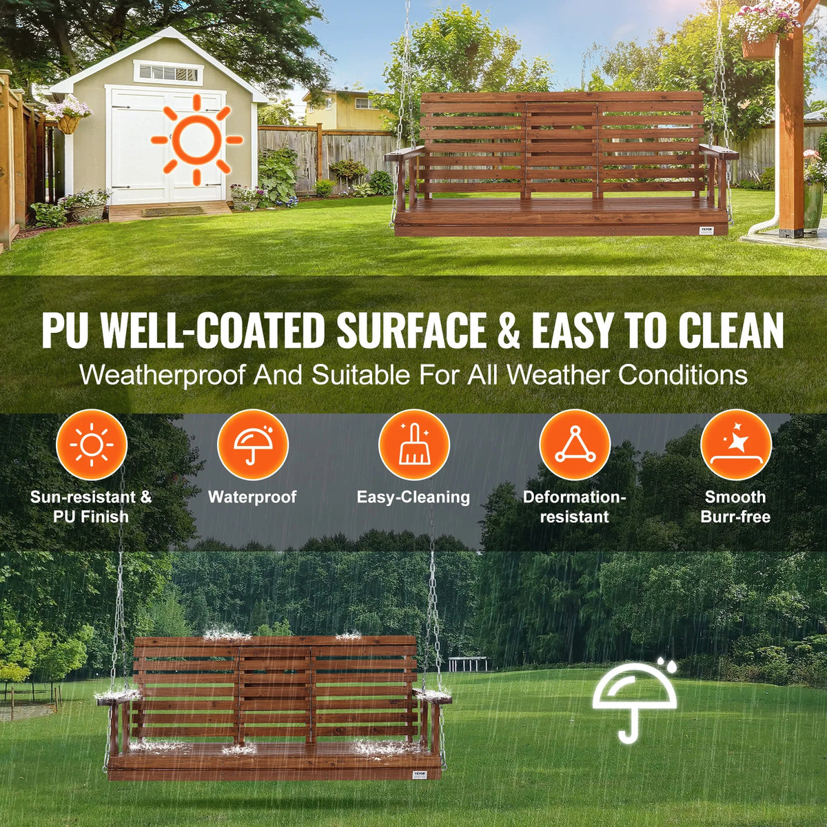 SucceBuy Wooden Porch Swing Bench for Patio and Garden Furniture
