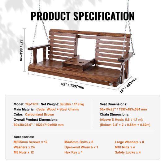SucceBuy Wooden Porch Swing Bench for Patio and Garden Furniture