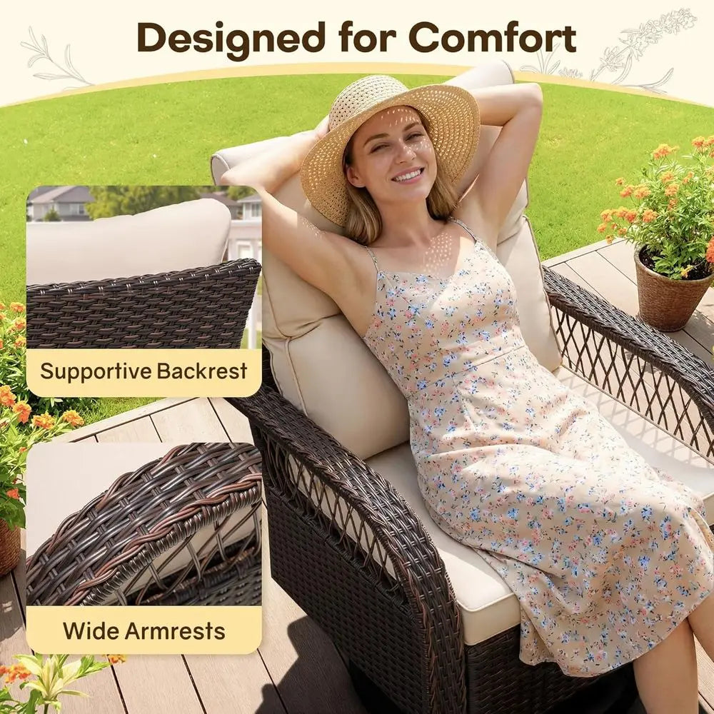 Three Piece Outdoor Patio Swivel Rocking Chair Set With Table